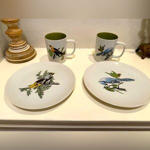 Vintage Fitz & Floyd Porcelain Bird Plates and Cups